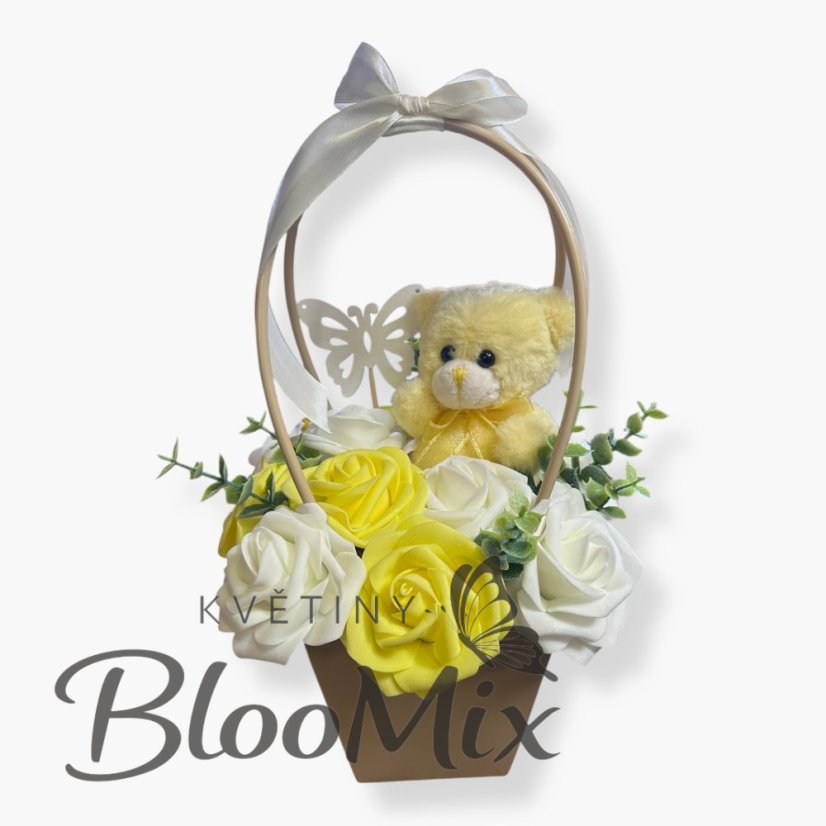 Dárková taštička s plyšovým medvídkem a kyticí trvanlivých růží – různé barvy