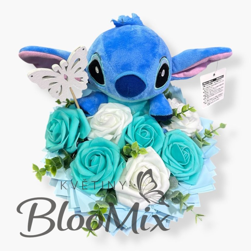 Dárkový box Stitch: Tyrkysové a bílé růže s LED světýlky