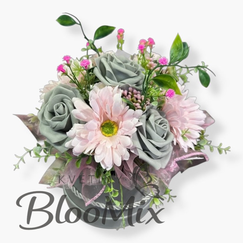 Růžovo-šedý mix s gerberami v dárkovém boxu