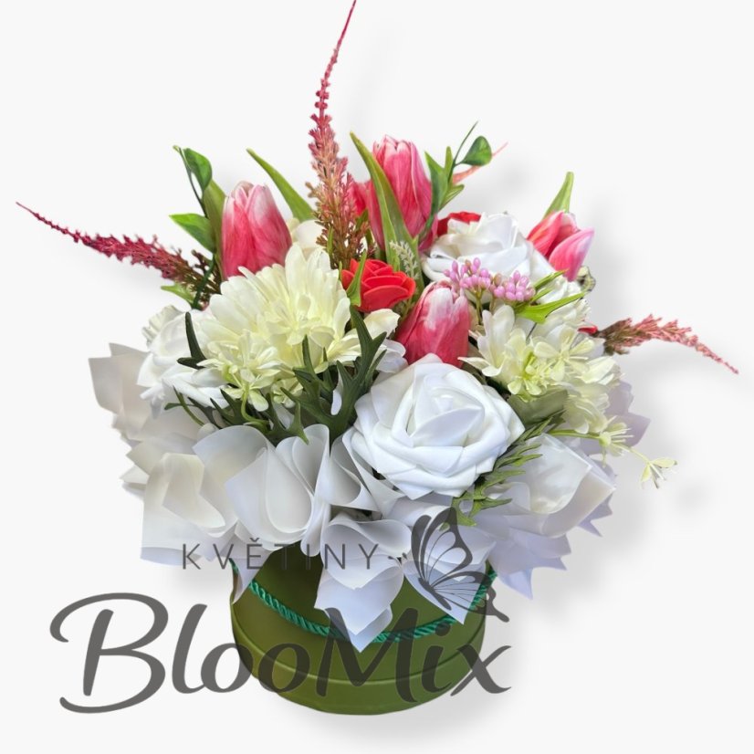 Bohatý jarní mix v boxu Nadpis:  Květinový box Spring Mix: Saténové tulipány, gerbery a pěnové růže