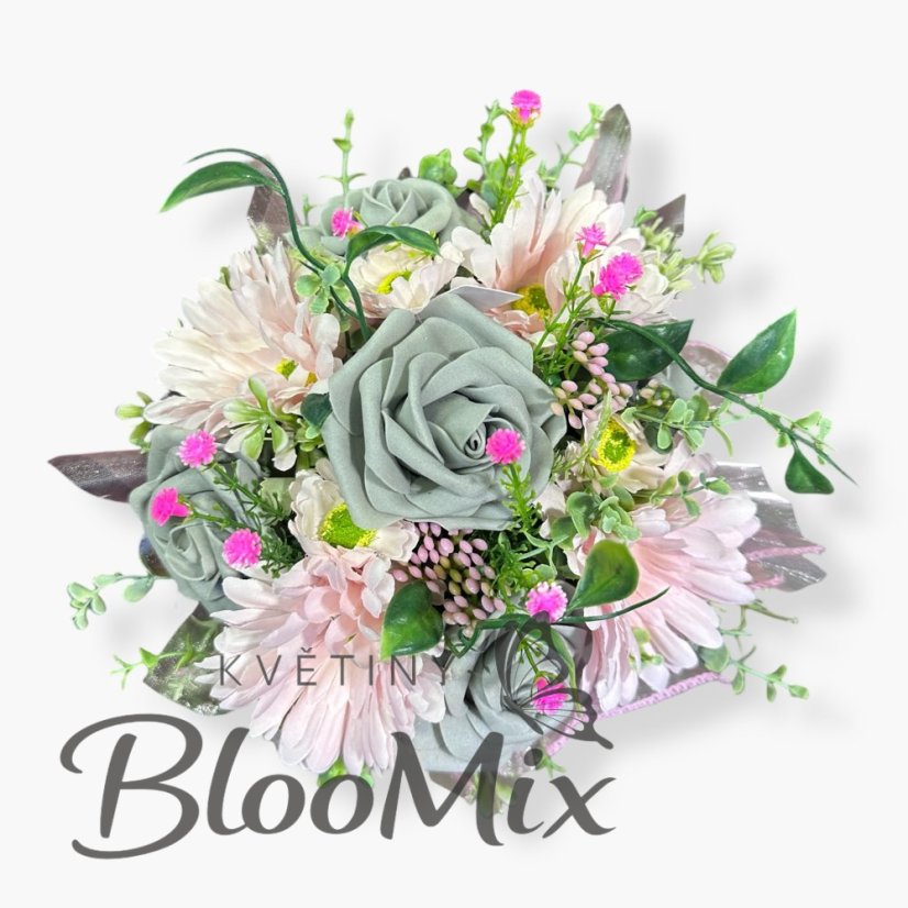 Růžovo-šedý mix s gerberami v dárkovém boxu