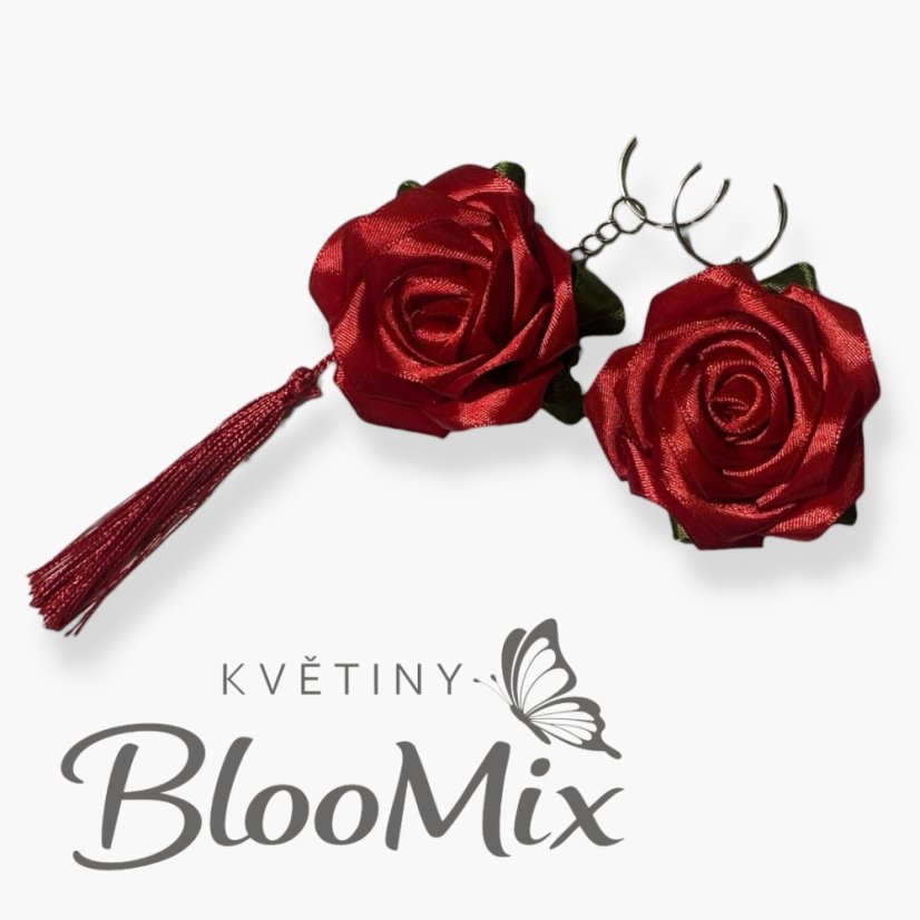 Klíčenka – saténová růže - červená - Přívěšek - bavlnka: Bez bavlnky