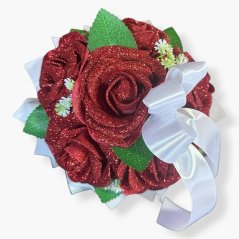 Flower Box „Bordo Sparkle“ – 6 pěnových růží se třpytkami a mašlí