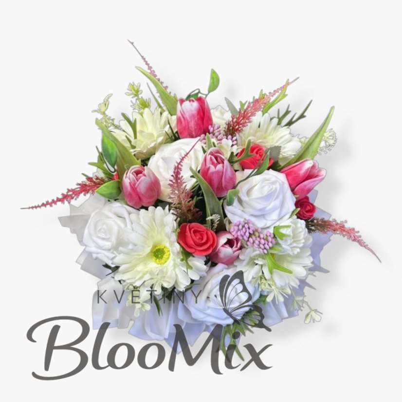 Bohatý jarní mix v boxu Nadpis:  Květinový box Spring Mix: Saténové tulipány, gerbery a pěnové růže
