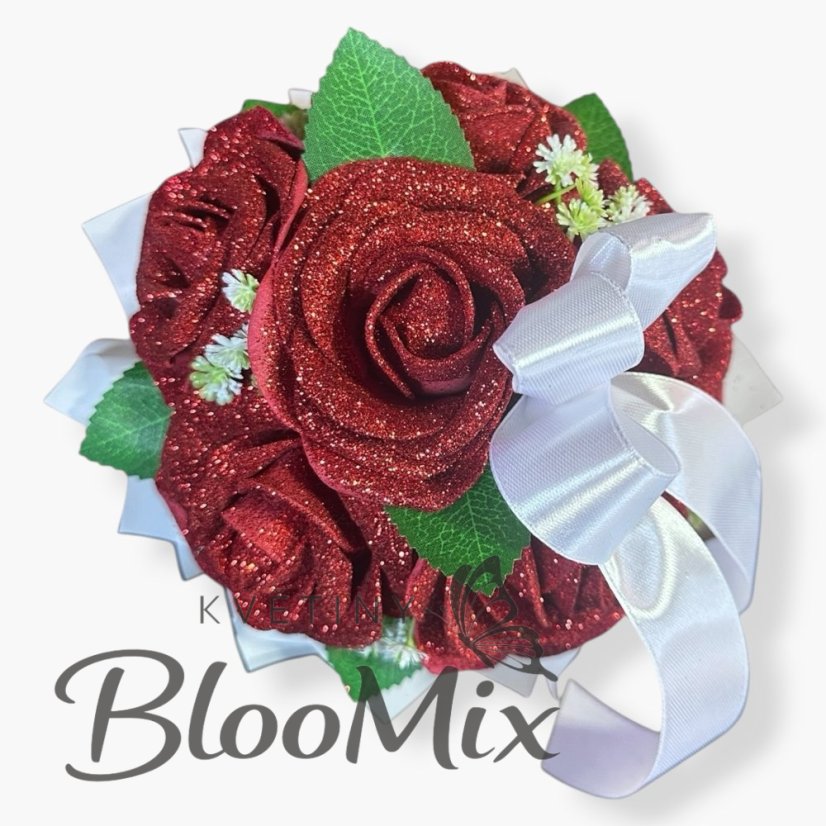 Flower Box „Bordo Sparkle“ – 6 pěnových růží se třpytkami a mašlí