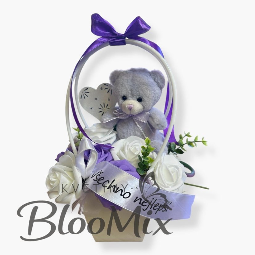 Dárková taštička s plyšovým medvídkem a kyticí trvanlivých růží – různé barvy