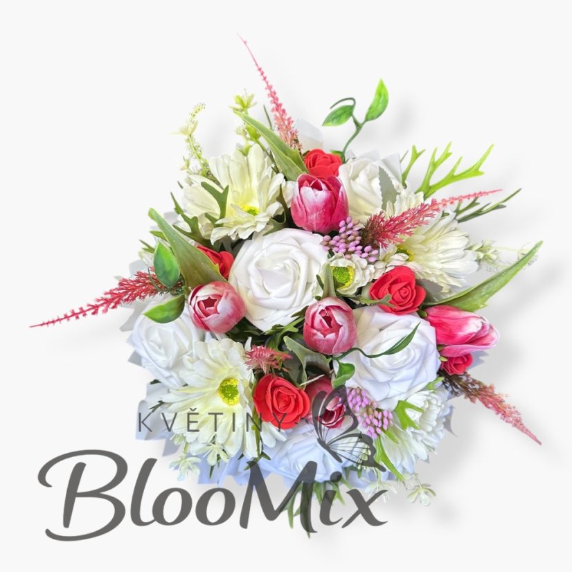 Bohatý jarní mix v boxu Nadpis:  Květinový box Spring Mix: Saténové tulipány, gerbery a pěnové růže