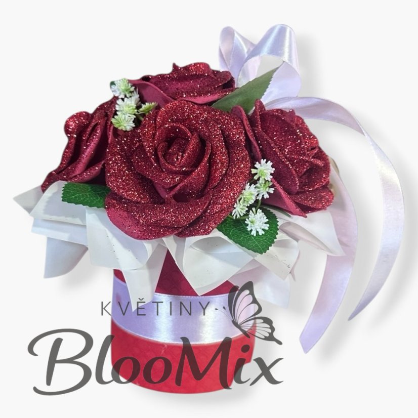 Flower Box „Bordo Sparkle“ – 6 pěnových růží se třpytkami a mašlí