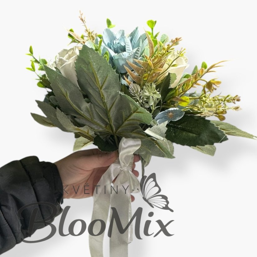 Umělá kytice s úvazkem do vázy – modrá, bílá a zelená