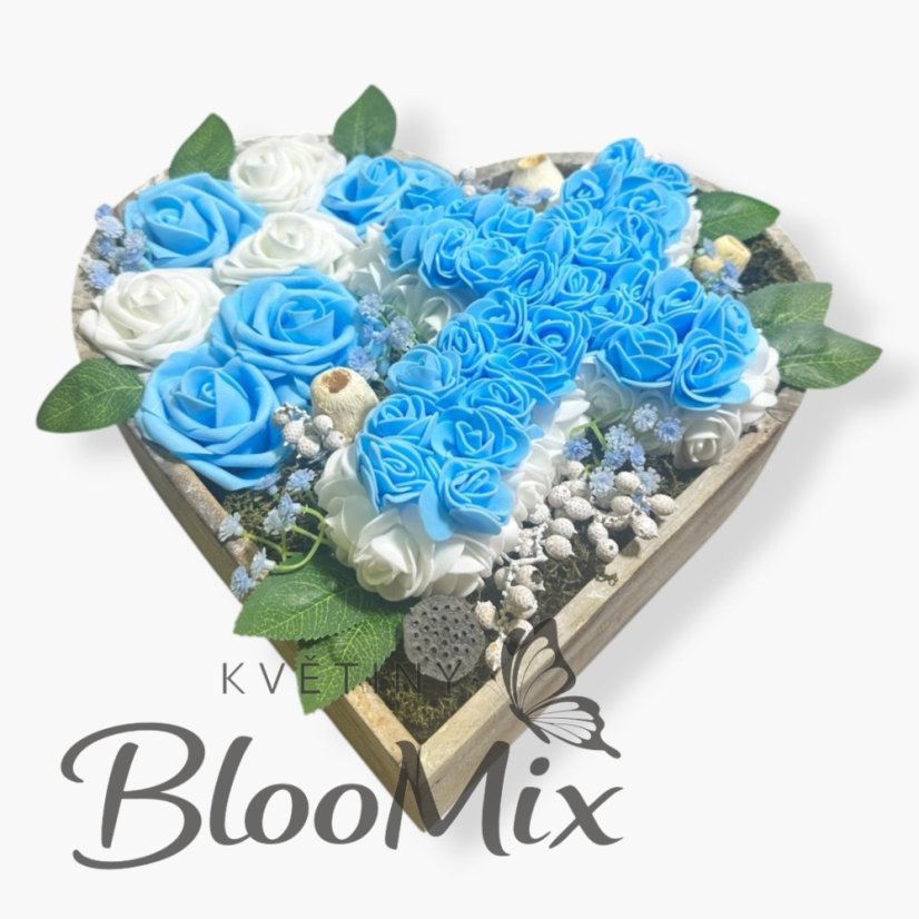 Srdce s křížem, modrá a bílá se světýlky a sušinou