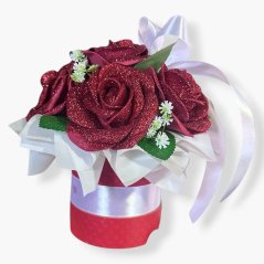 Flower Box „Bordo Sparkle“ – 6 pěnových růží se třpytkami a mašlí