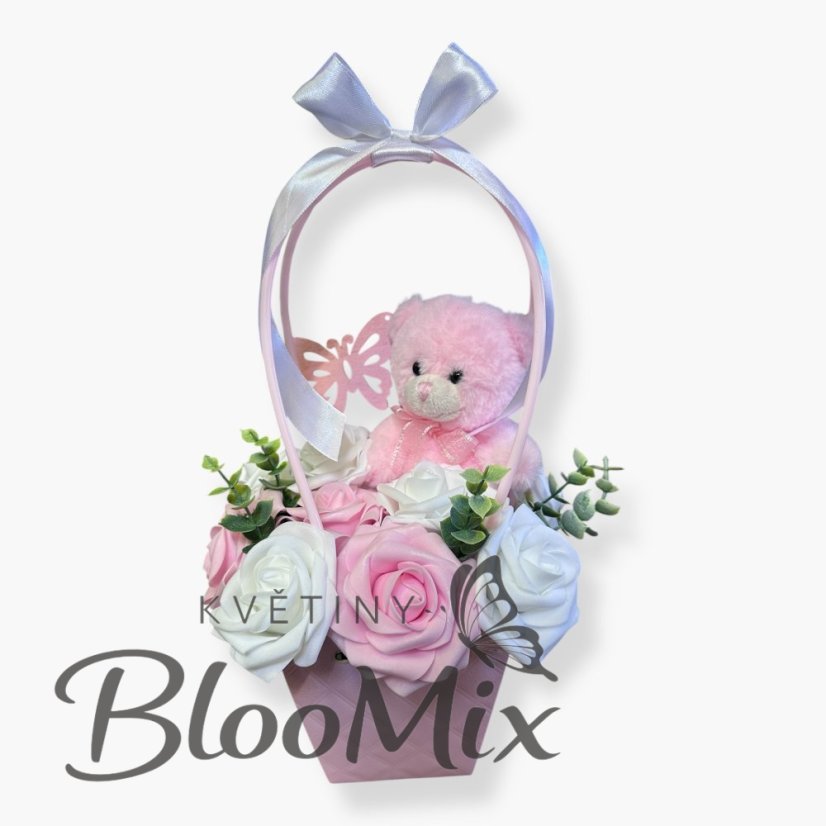 Dárková taštička s plyšovým medvídkem a kyticí trvanlivých růží – různé barvy