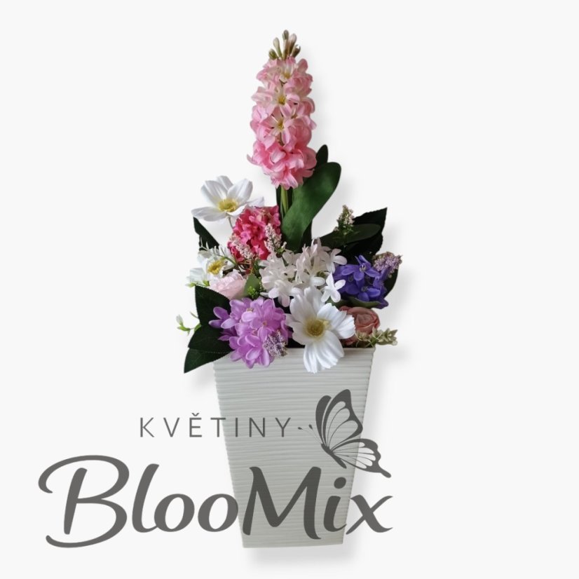 Hranatý bílý květináč s dekorací – mix barev