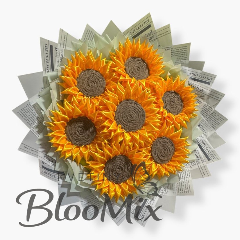 Ručně vyráběná kytice slunečnic ze stuhy – 7 ks