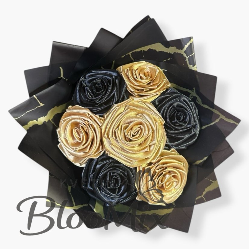 Luxusní saténová kytice „Golden Night“ – 7 černo-zlatých růží