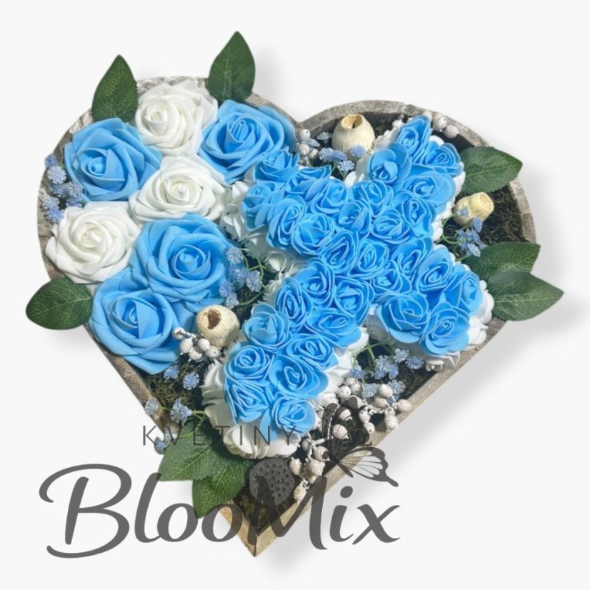 Srdce s křížem, modrá a bílá se světýlky a sušinou