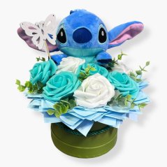Dárkový box Stitch: Tyrkysové a bílé růže s LED světýlky