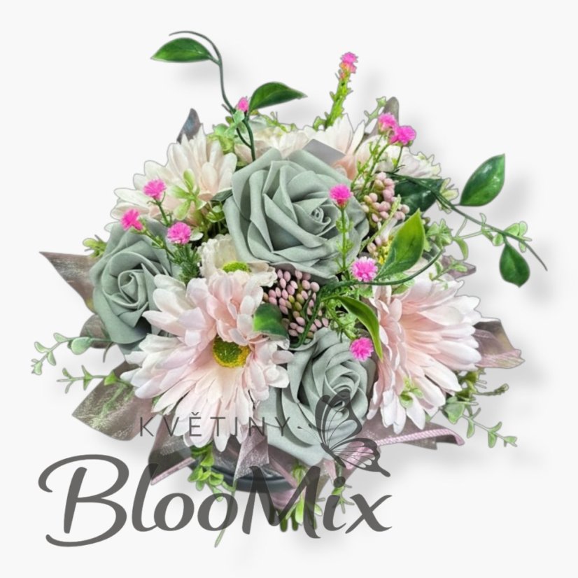 Růžovo-šedý mix s gerberami v dárkovém boxu