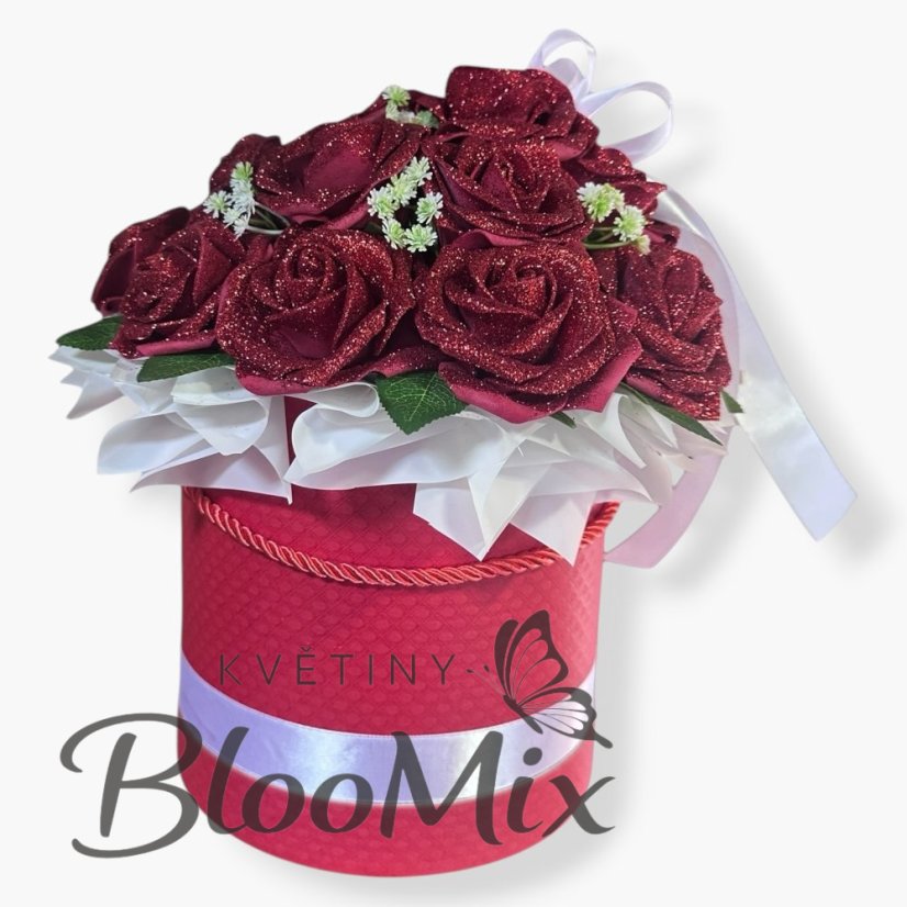Flower Box „Red Diamond“ – 19 třpytivých růží v červeném boxu