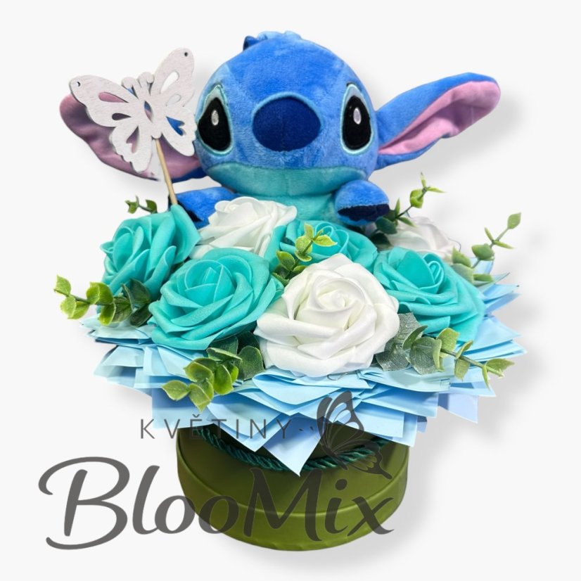 Dárkový box Stitch: Tyrkysové a bílé růže s LED světýlky
