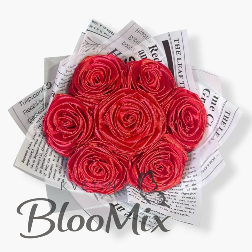 Saténová kytice „Red News“ – 7 červených růží v designovém papíru