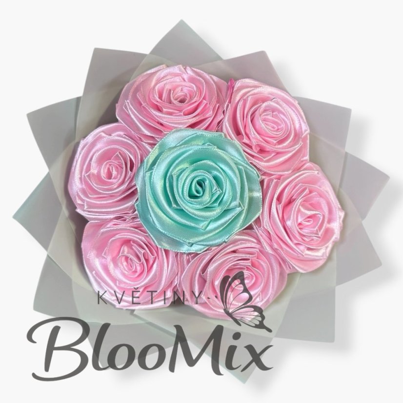 Saténová kytice „Mint Sorbet“ – 7 růží v růžovo-mentolové kombinaci